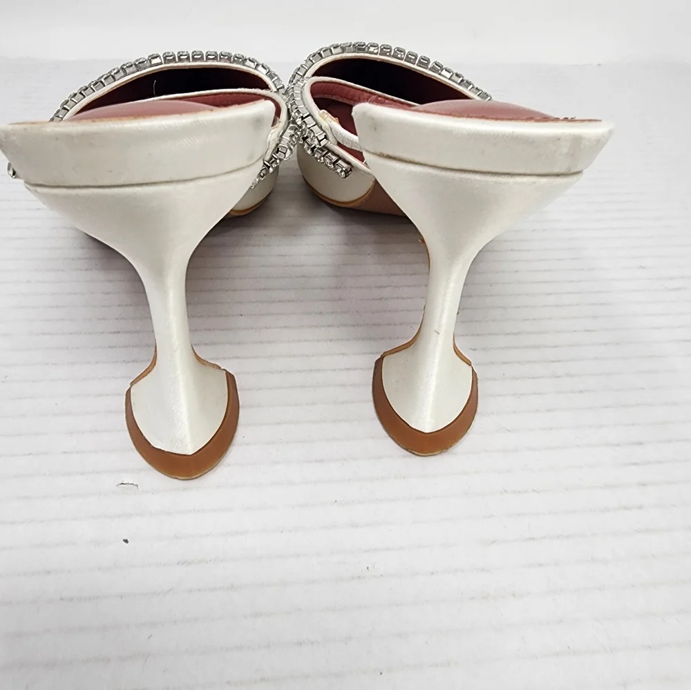 New‎ White Satin Rhinestone Heels Elegant  Mule Stiletto Pumps Wedding Party 7.5 - Picture 6 of 9
